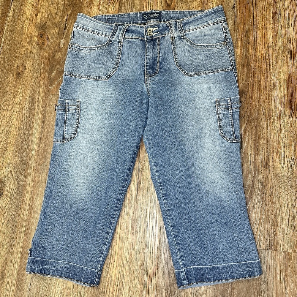 Royalty By YMI Jeans Womens Cuffed Capris Sz 12 Blue Mid Rise Cargo Side Pockets